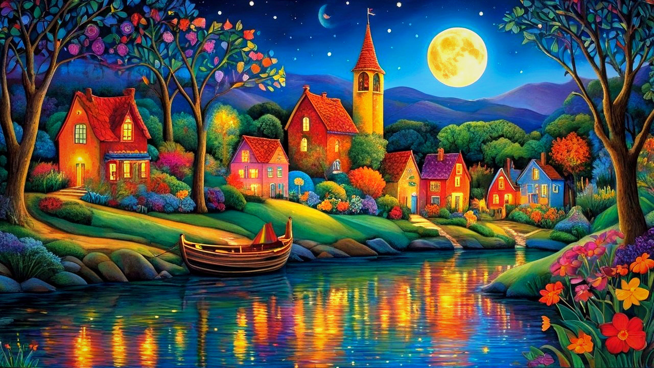 Moonlit Village with Colorful Cottages and River