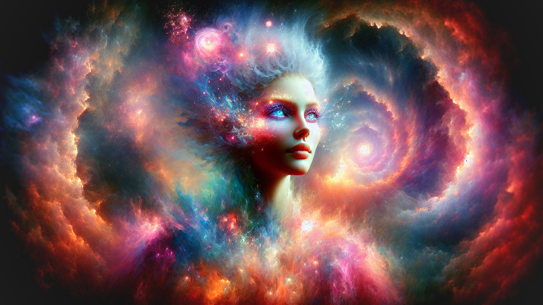 Cosmic Female Figure Surrounded by Galaxies and Nebulae