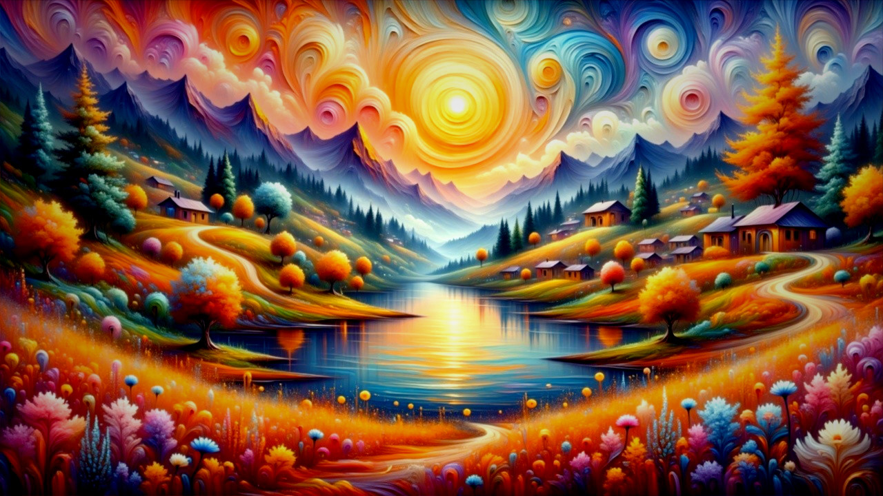 Vibrant Landscape with Serene Lake and Mountains