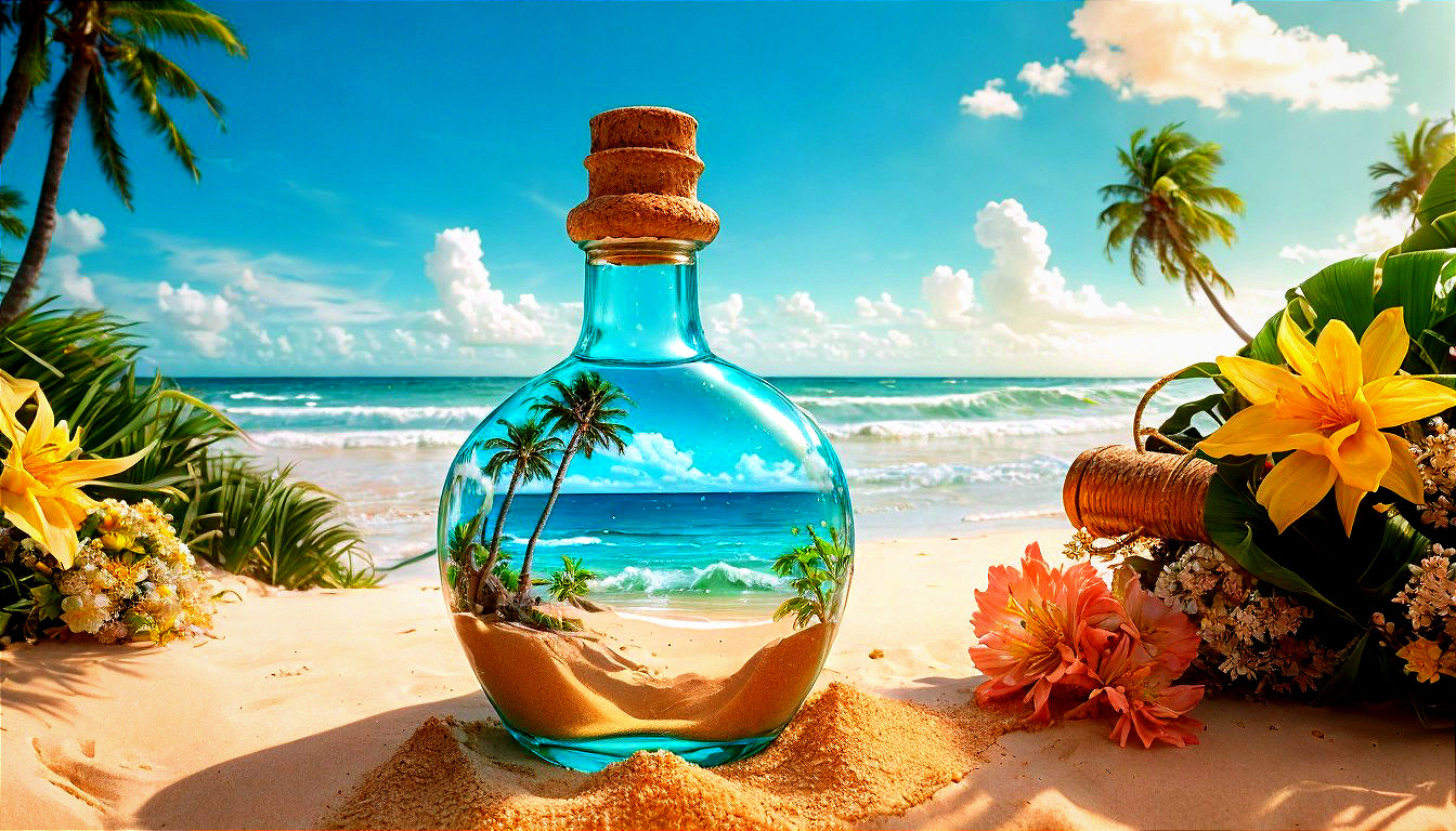 Miniature Tropical Landscape in Clear Glass Bottle