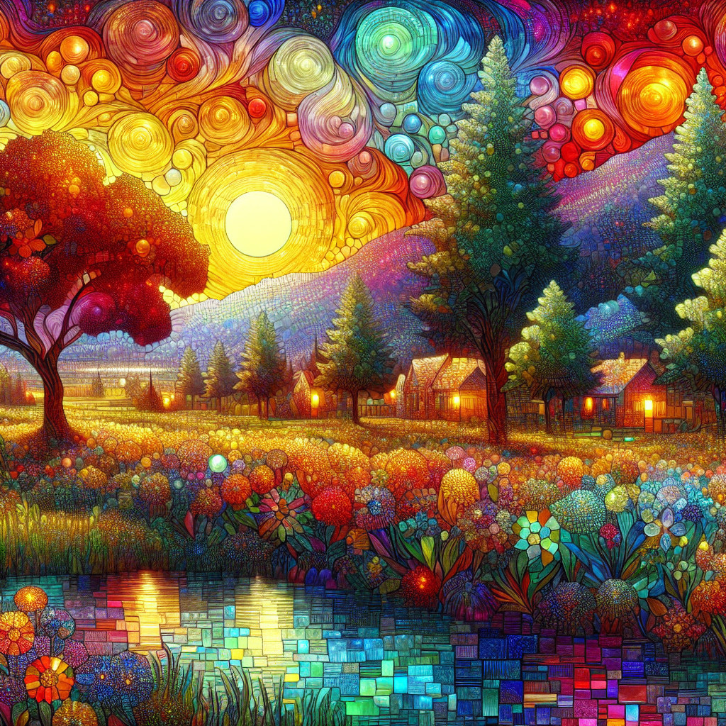 Vibrant Sunset Landscape with Colorful Flowers and Cottages