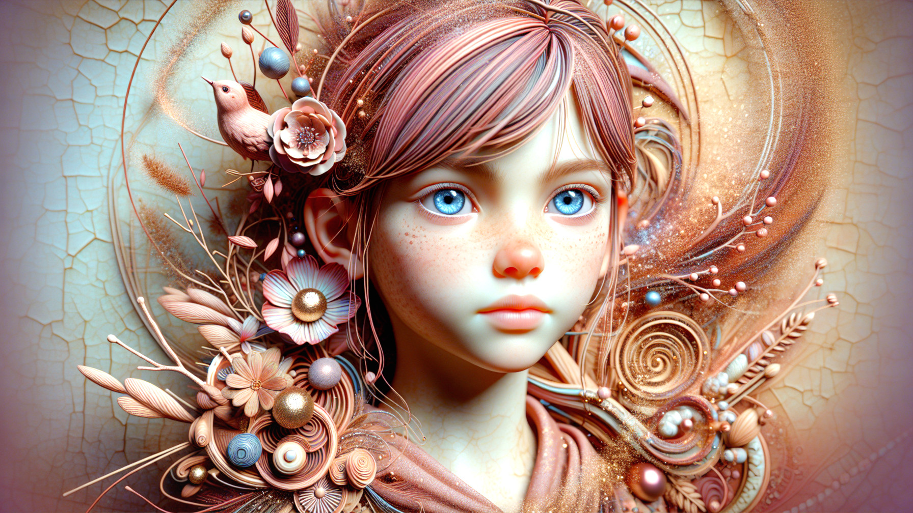 Stylized portrait of a girl with blue eyes and freckles