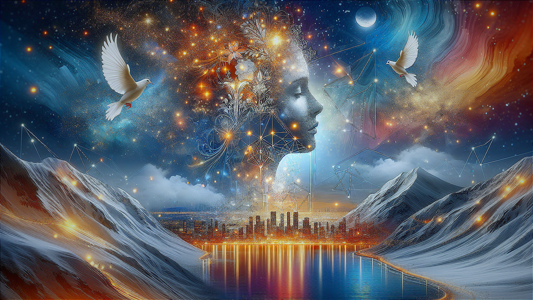 Surreal Landscape with Woman's Face and Starry Sky