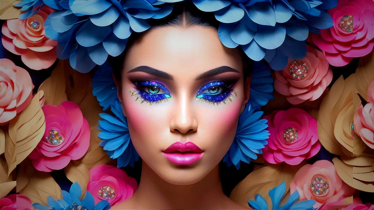 Portrait of a woman with colorful makeup and flowers