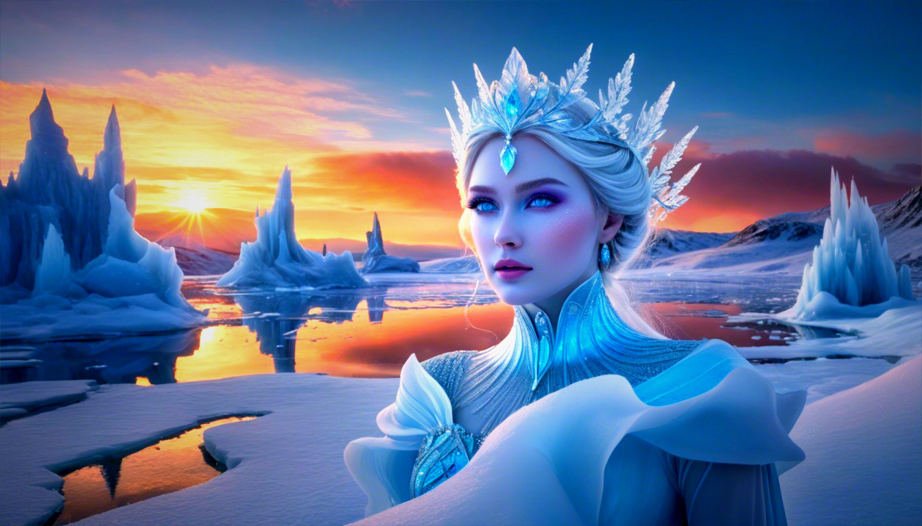 Regal Figure in Icy Blue Gown Against Winter Landscape