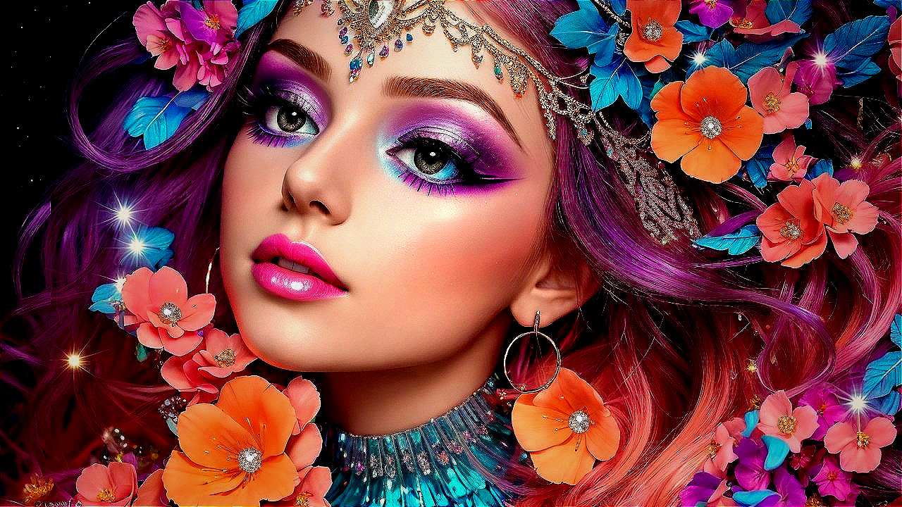 Portrait of a Young Woman with Vibrant Makeup and Hair
