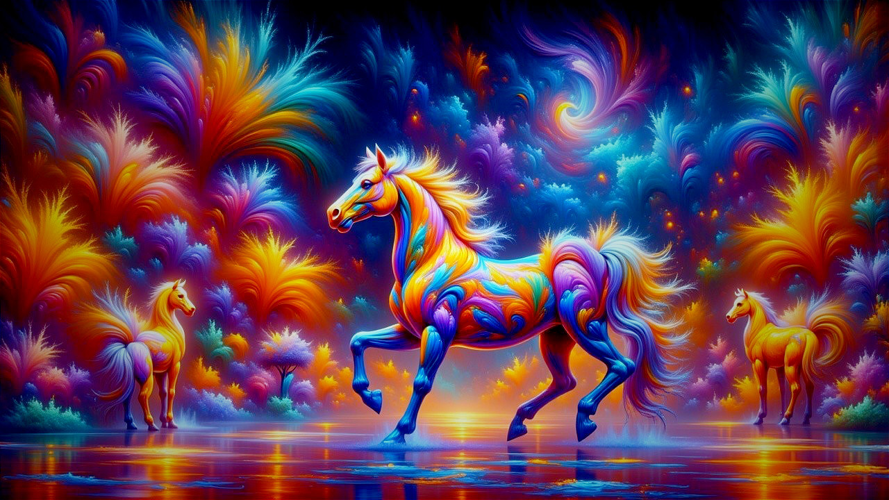 Surreal Landscape with Majestic Horses in Vivid Colors