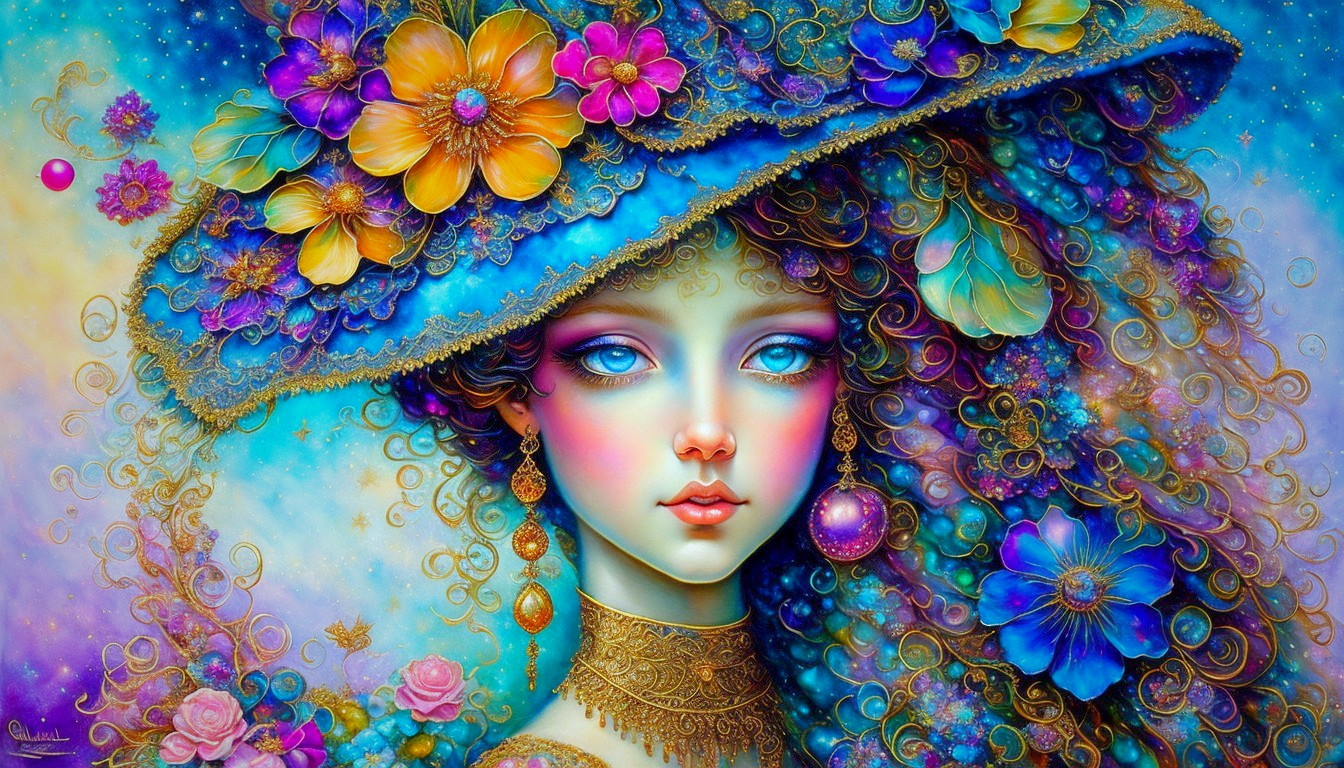 Vibrant Portrait of a Woman with Blue Floral Hat