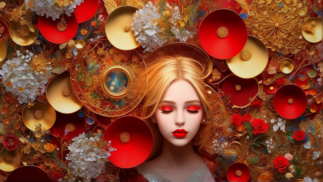 Ethereal figure with golden hair in vibrant tapestry