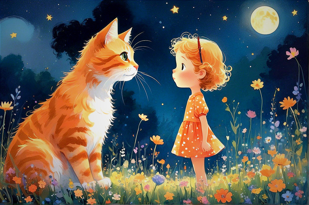 Whimsical Night Scene with Girl and Orange Cat