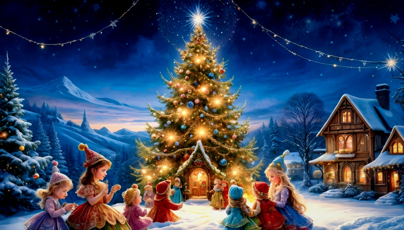 Whimsical Winter Scene with Christmas Tree and Children