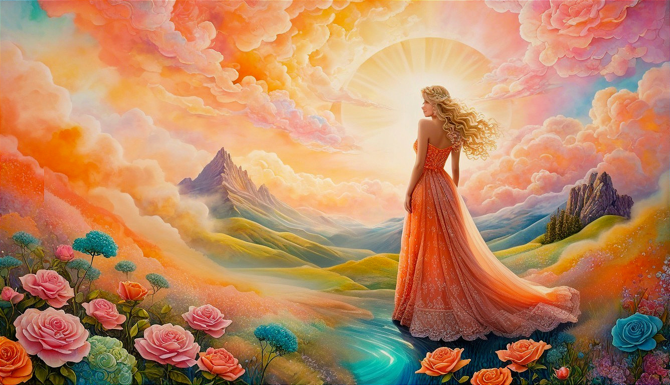 Woman in Orange Dress at Sunrise on Lush Hillside