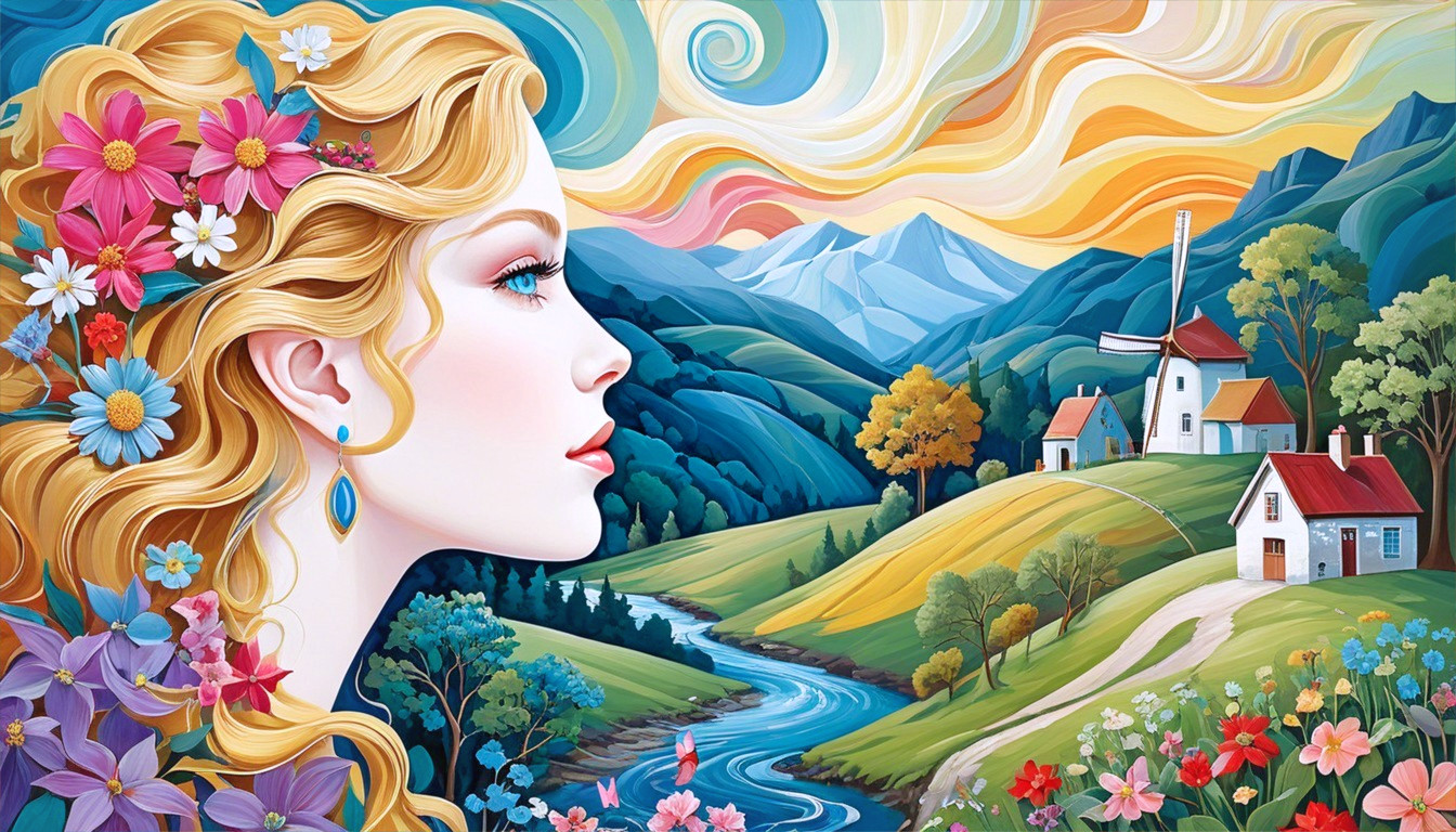 Vibrant Landscape with Woman and Colorful Sky