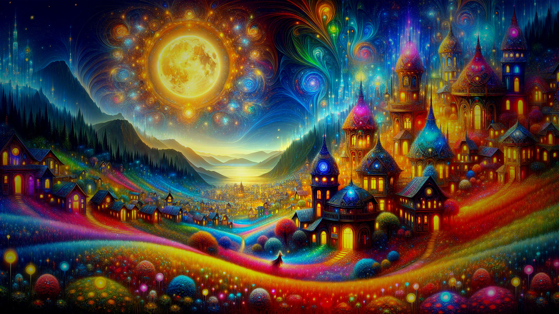 Vibrant Fantastical Landscape with Colorful Cottages