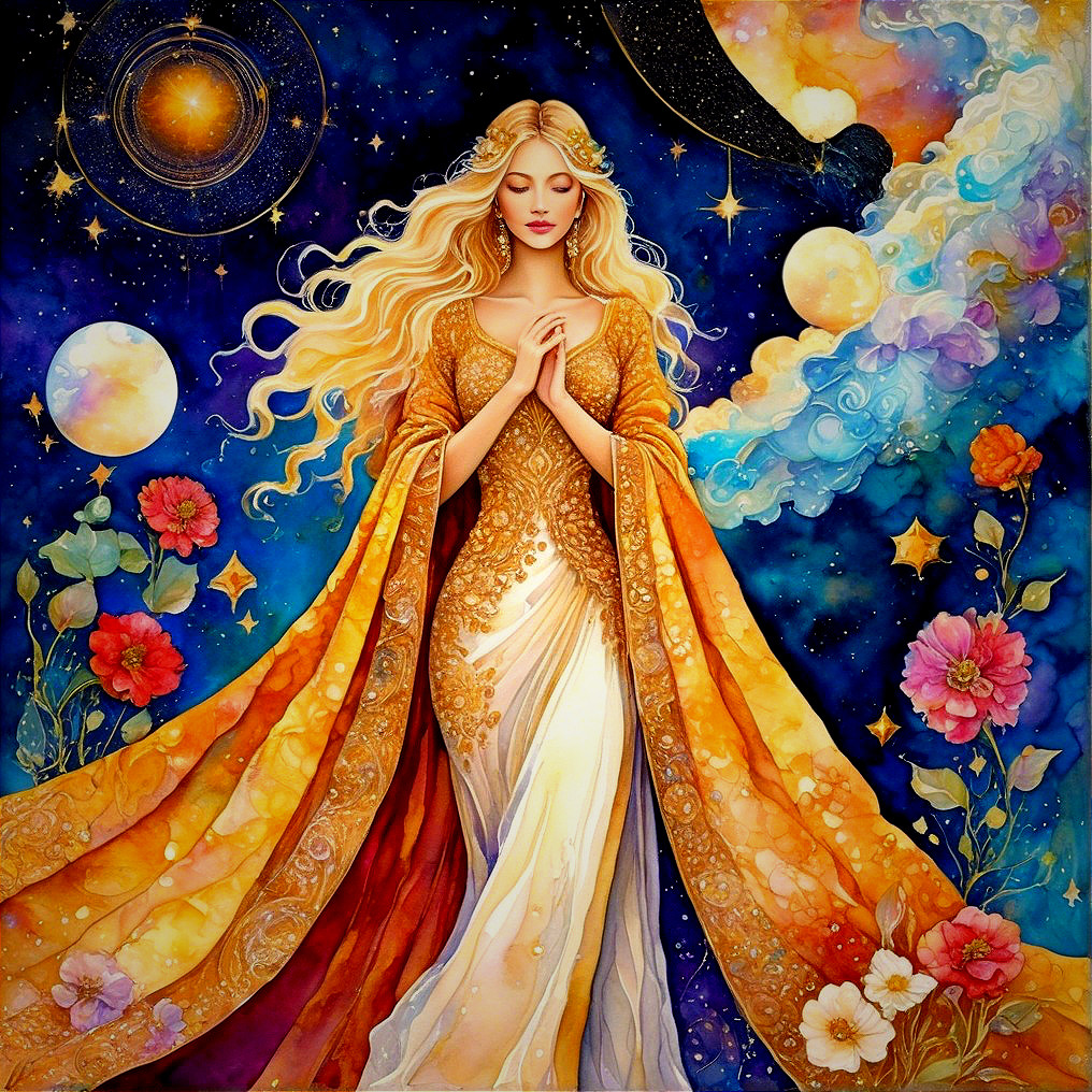 Serene figure in gown amidst cosmic floral backdrop