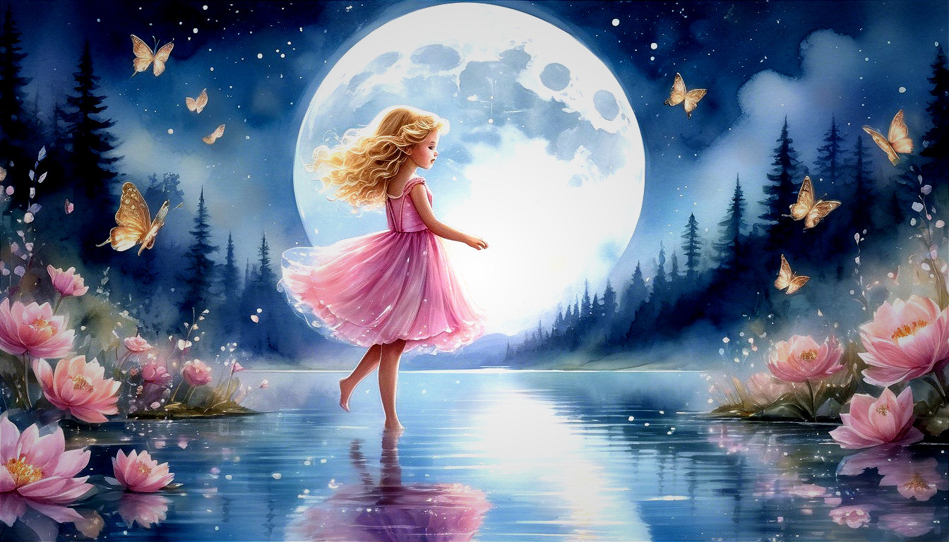 Whimsical Night Scene with Girl in Pink Dress by Lake