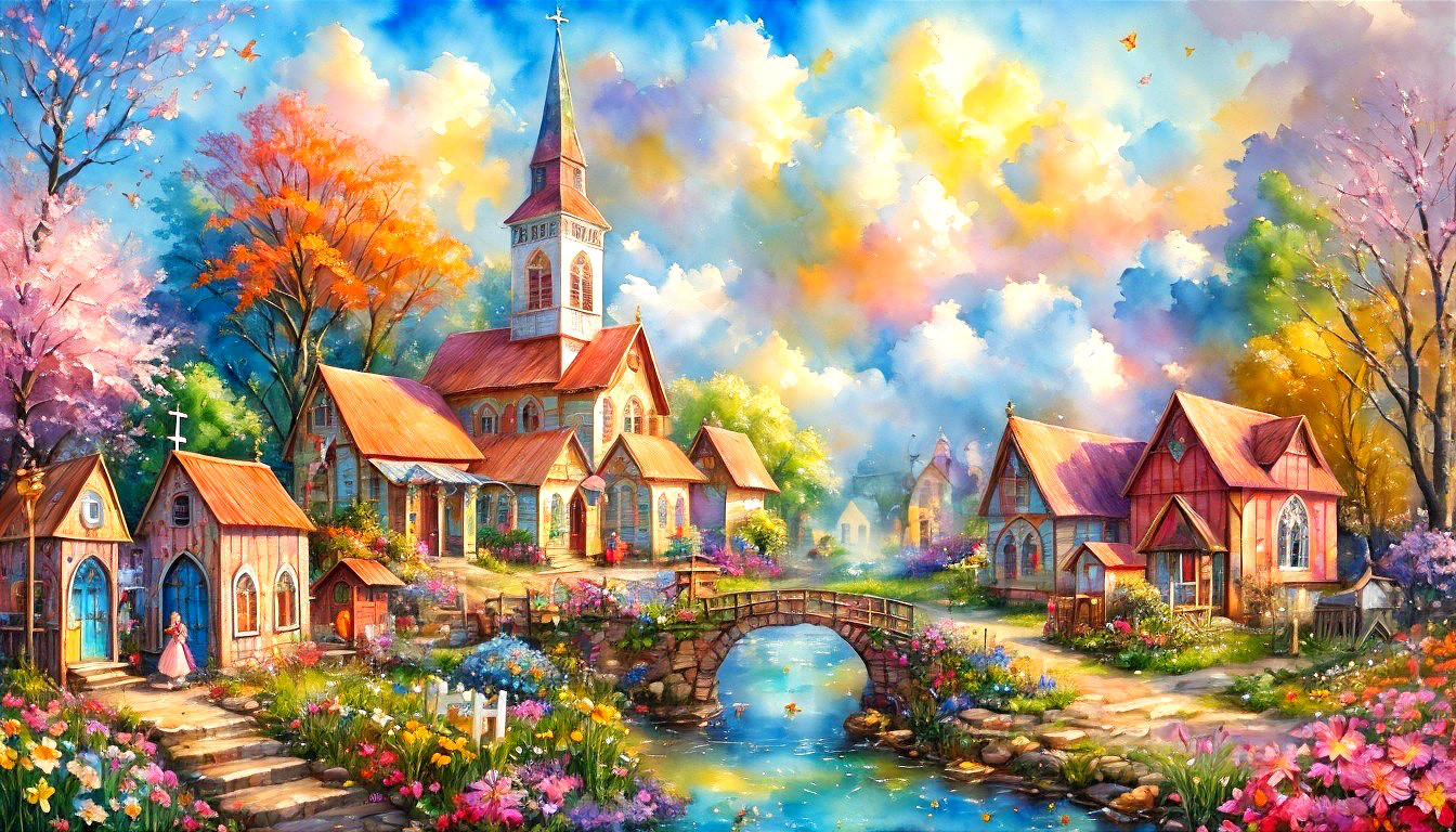 Vibrant Village Scene with Church and Blooming Gardens