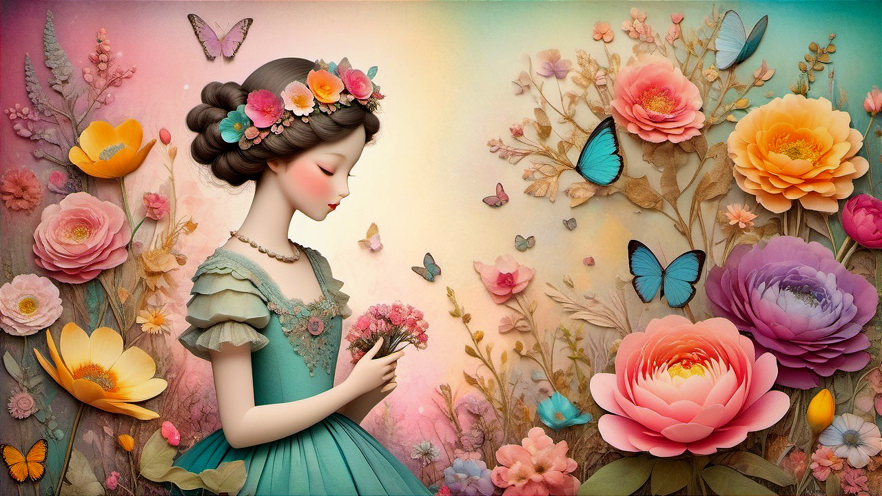 Young girl in vintage gown in a colorful garden