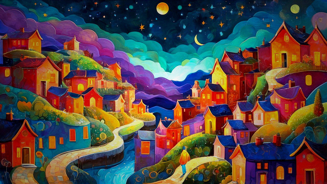 Vibrant Nighttime Landscape with Colorful Houses