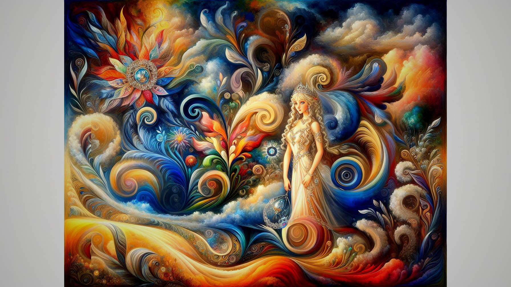 Vibrant Composition of Graceful Figure and Fantastical Elements