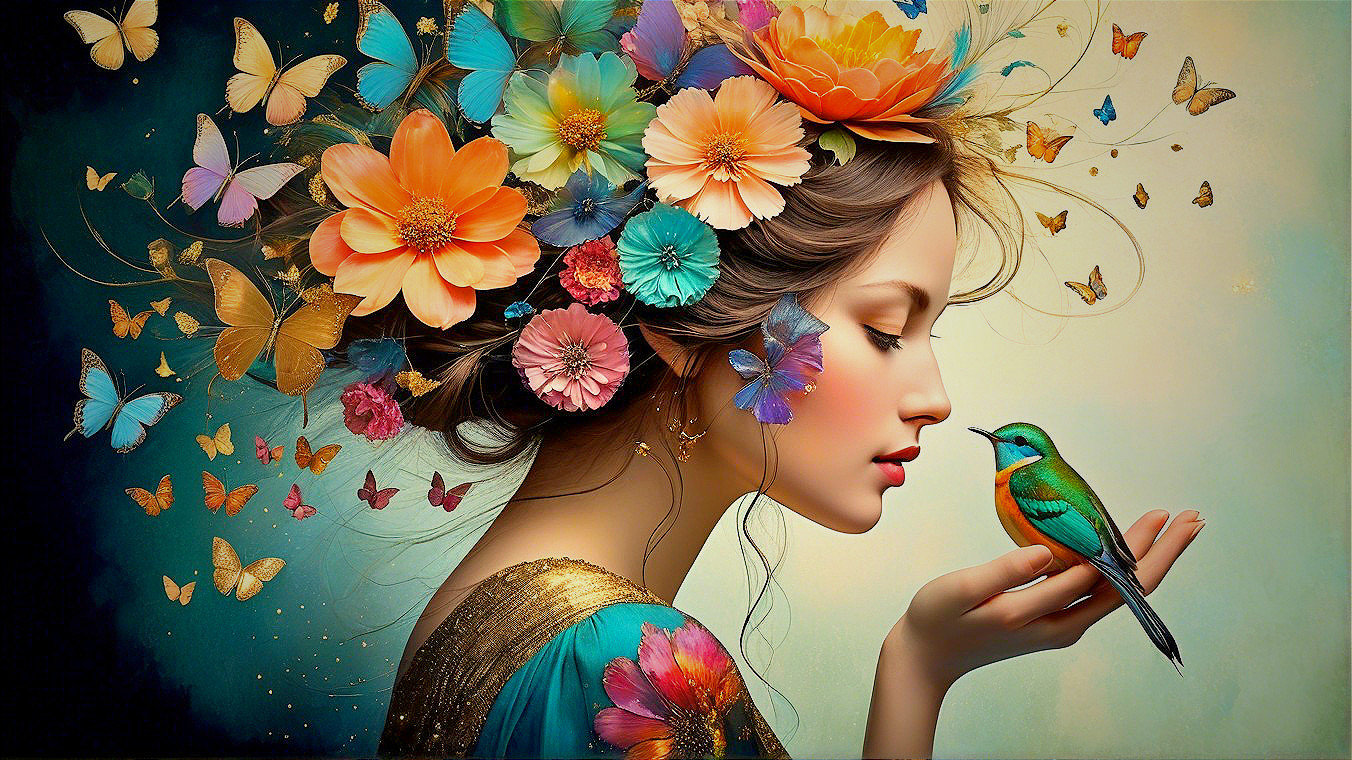 Dreamy Portrait of Woman with Floral Crown and Bird
