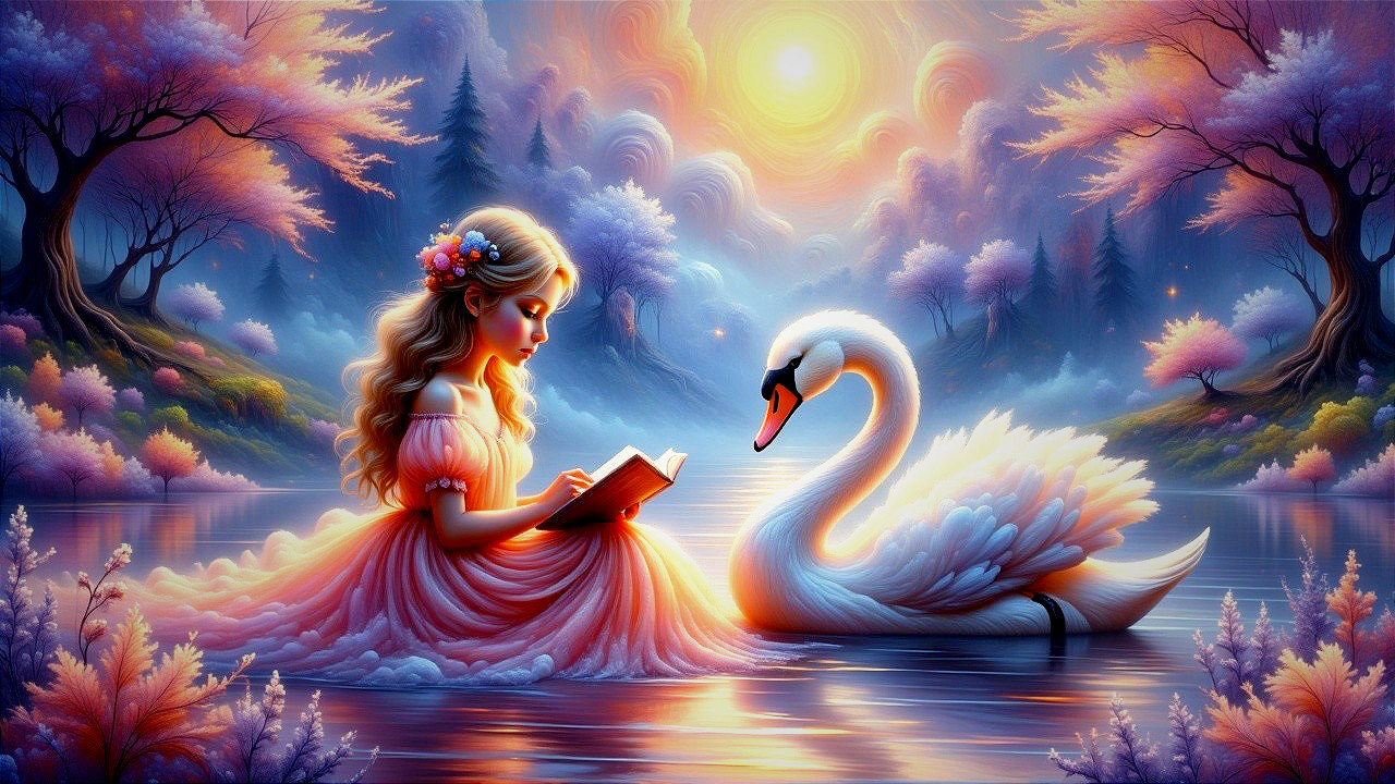 Young girl reading by tranquil lake with swan and sunset