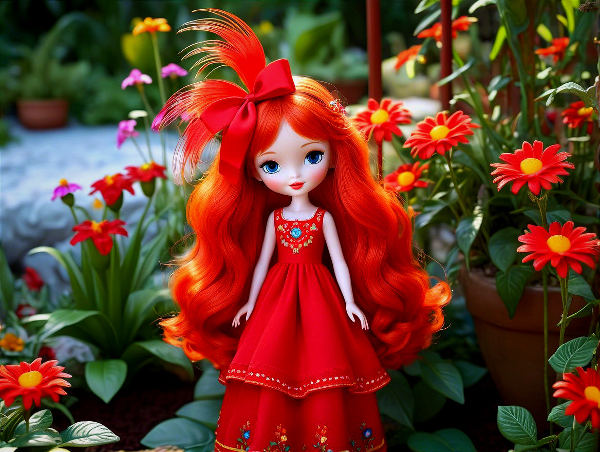 Doll in a Garden Surrounded by Colorful Flowers