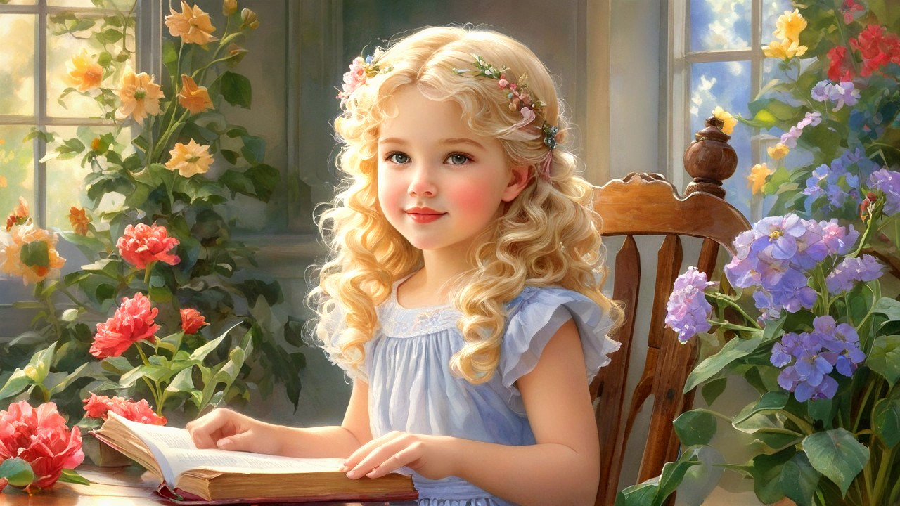 Young girl with curly hair reading at a wooden table