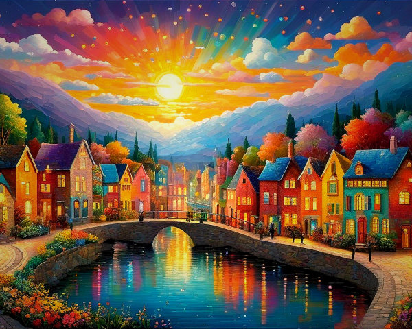 Vibrant Sunset Over Picturesque Village and River