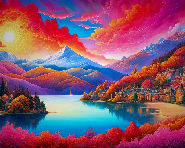 Vibrant landscape with mountains, lake, and village