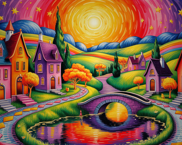 Whimsical Landscape with Colorful Houses and Gardens