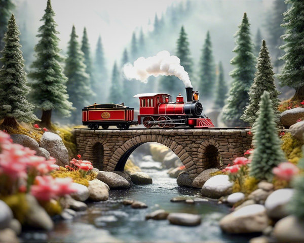 Red Steam Locomotive on Stone Bridge in Scenic Landscape
