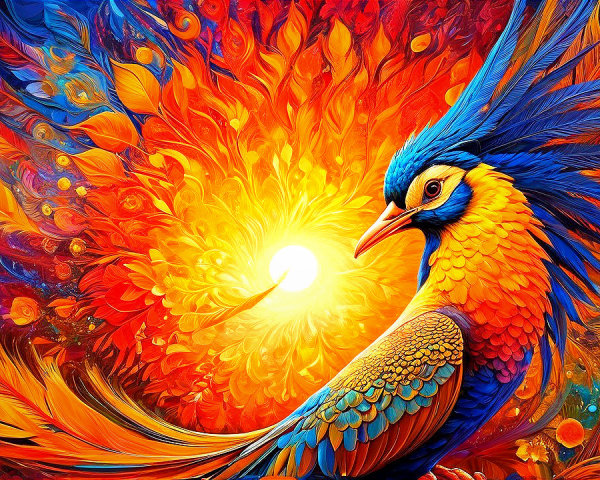 Colorful Phoenix with Fiery Background and Sun Glow