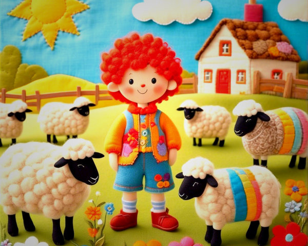 Cartoon Figure in Colorful Countryside with Sheep
