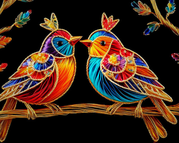 Vibrant Birds on Branch with Colorful Leaves and Flowers