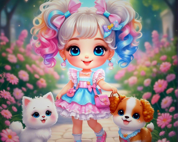 Animated girl in flower garden with playful dogs