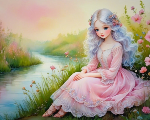 Young girl by a river in a pastel fairytale scene