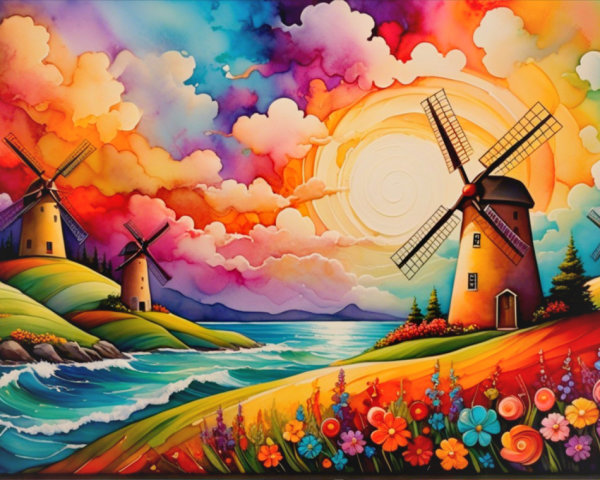 Vibrant Landscape with Windmills and Sunset Colors