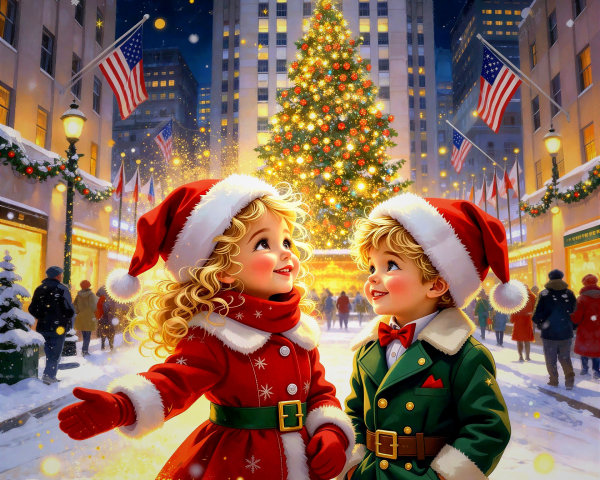 Children in Festive Outfits by Christmas Tree at Night