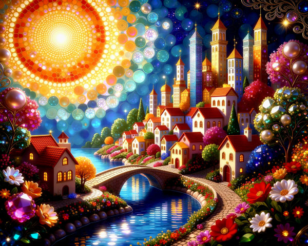 Dreamlike Town by a Winding River Under Mosaic Sky