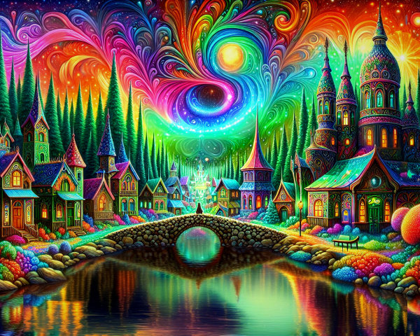 Vibrant Dreamlike Landscape with Whimsical Houses