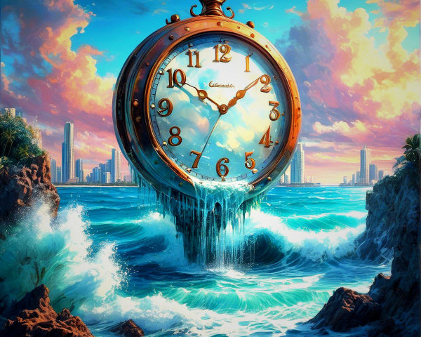 Surreal Pocket Watch Above Ocean Waves and Skyline