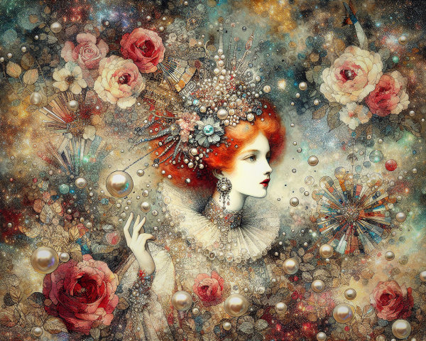 Artistic portrayal of a woman with red hair and jewels