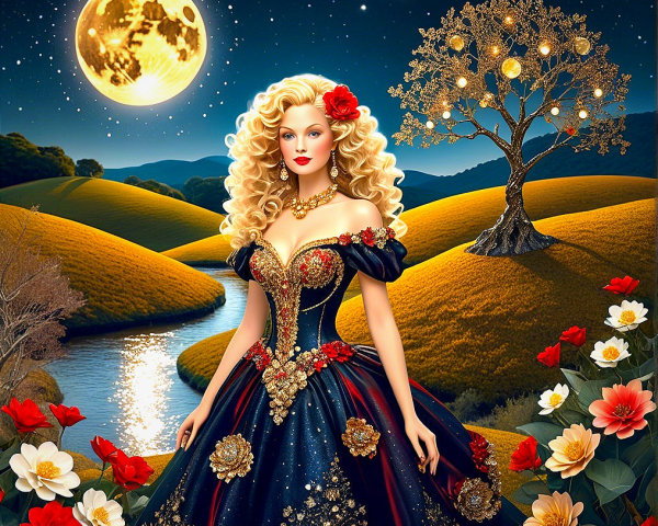 Regal woman in ornate gown by shimmering river