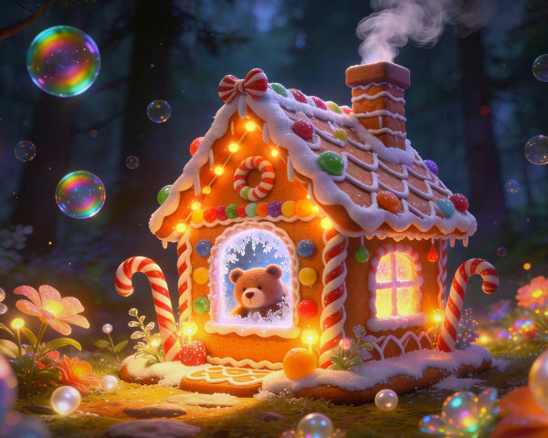 Gingerbread House Decorated with Lights in Forest Night