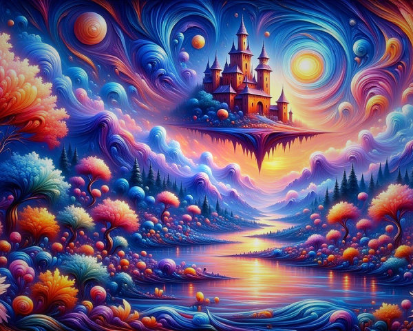 Vibrant Dreamlike Landscape with Floating Castle