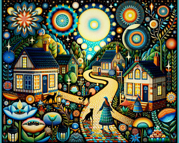 Colorful Village Scene Under Starry Night Sky
