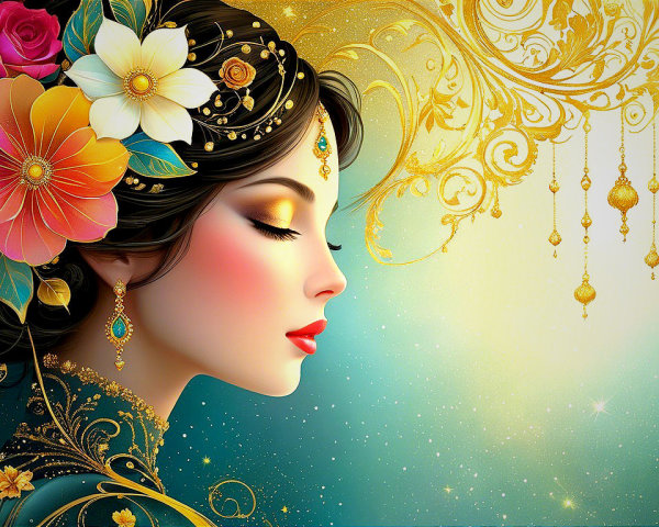 Elegantly Styled Woman with Floral Accents and Patterns