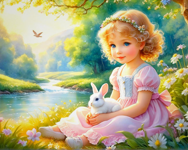 Young girl with rabbit by tranquil stream and flowers