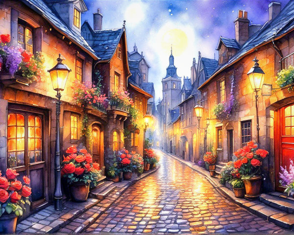 Charming Cobblestone Street with Warm Lights and Flowers